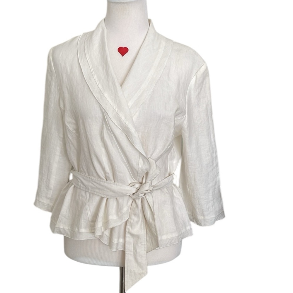 Grace Elements White Linen Wrap Blouse Jacket Tie… - image 1